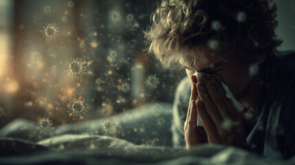 Sick child blowing nose with tissue surrounded by virus particles illustrating flu season and infection risk concept