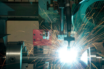 Robot Make welding. Industrial background.