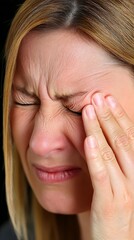 Migraine attack awareness visual woman in minimal room silent suffering tone natural light eye-level angle, Realistic Photo