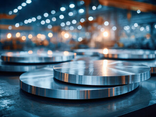Shiny metal discs stacked in a brightly lit industrial facility representing precision manufacturing and advanced metalworking processes with bokeh lights
