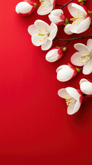 White flower red background blossom floral decoration spring celebration minimal copyspace greeting festive red petal branch nature bloom