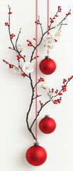 Red ornament Christmas decoration Red berry Flower branch Minimal design Winter holiday Festive decor Vertical composition Red ball White blossom
