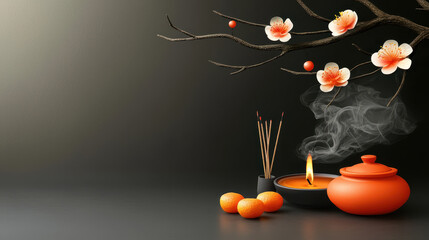 Lunar new year altar incense offering blossom branch candle pot tangerine fruit vapor smoke prayer calm spiritual decoration