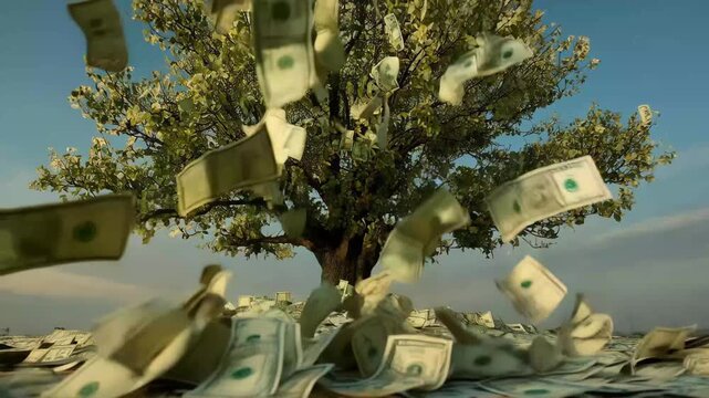 Money falls from a tree in a vast open area under a clear sky during the day