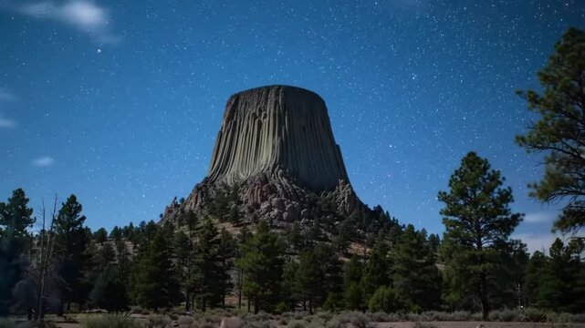 A video showcasing the majestic beauty of a large rock formation under a starry night sky