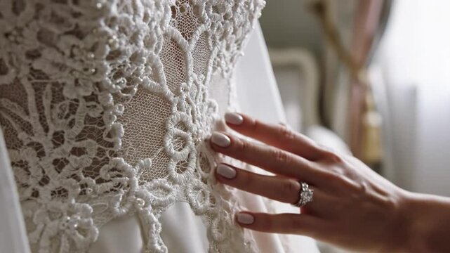 Close up view of bride's hand touching detailed lace bodice of wedding dress before the ceremony.