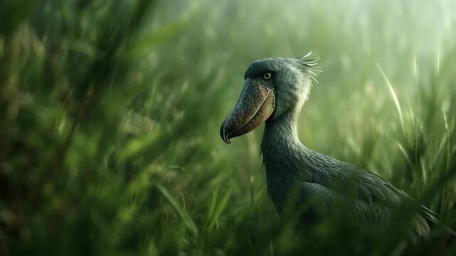 Majestic Shoebill Stork Hidden in Lush Swamp Grasses