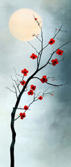 Minimalist cherry blossom branch red flower moon sky, poetic calm nature painting for renewal and lunar new year celebration