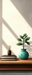 Calm minimalist interior decor green vase plant shadow light on wooden shelf