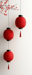 Red lantern paper lantern hanging lantern asian decor vertical composition holiday decoration minimal background cherry blossom branch traditional
