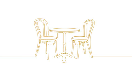 A continuous one line art vector illustration of a round cafe table with two chairs, minimalistic design