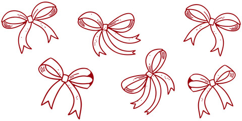 Set of pattern doodle  trendy coquette red bows and ribbons. Whimsical minimalist vintage vector illustration for holiday poster, greeting cards, wedding invitations, branding 