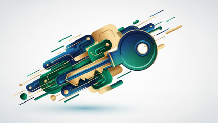 Modern key graphic design featuring abstract shapes with vibrant colors and digital elements. This key graphic symbolizes data security and protection, ideal for marketing materials.