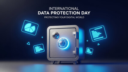 Modern poster for International Data Protection Day featuring a digital safe and data icons, highlighting importance of data security and protection measures for your digital world.