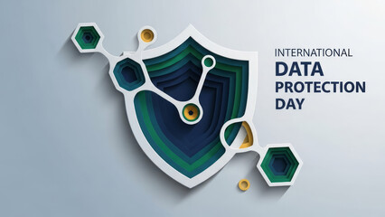 Modern poster design for International Data Protection Day featuring a shield and hexagonal elements emphasizing security.