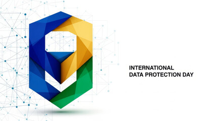 Modern poster for International Data Protection Day featuring geometric shapes and digital elements, designed for awareness. Concept for promotional materials highlighting data privacy and security.