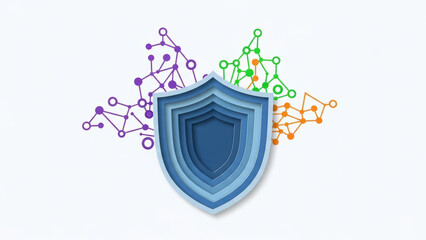 Modern design of blue shield symbolizing data protection with abstract network connections in purple, green, and orange colors, representing International Data Protection Day poster concept.