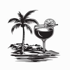 Tropical Cocktail on Beachside Table With Palm Trees Image Vector