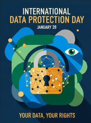 Modern poster for International Data Protection Day with padlock and digital network design.