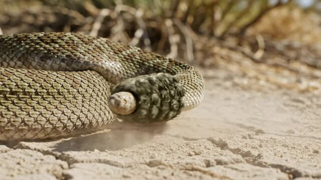 Close up view of a rattlesnake shaking its rattle in a desert environment with textured cracked earth