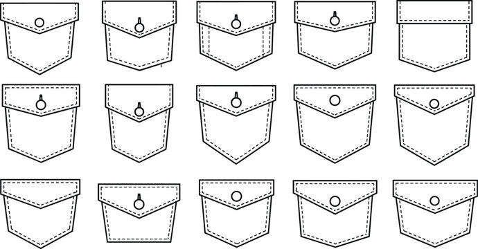 Collection of fifteen different styles of illustrated pockets with buttons and stitching Keywords: pocket, pockets, button