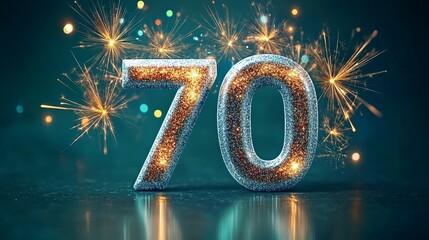 Dramatic Seventy Celebration with Twinkling Stars and Colorful Fireworks Lighting Up the Night Sky