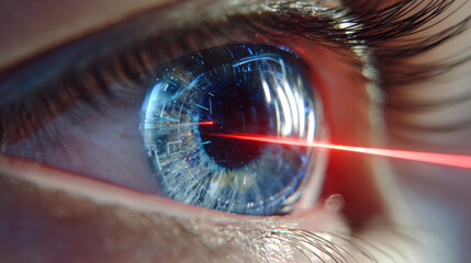 Human eye undergoing futuristic laser eye scanning technology with detailed blue iris and focused red beam in high-tech vision examination concept
