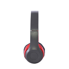 Wireless headphones, grey, red and black, side view on isolated background
