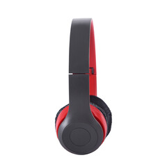 Wireless headphones, grey, red and black, side view on isolated background