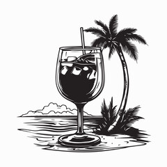 Tropical Cocktail on Beachside Table With Palm Trees Image Vector