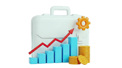 Business growth and success concept with briefcase, graph, coins, and gear