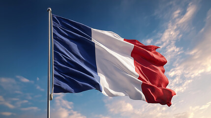 France ، French National Flag Waving in the Wind Against Clear Blue Sky, Symbol of Freedom, Democracy, National Pride and European Identity