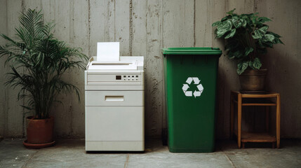 Printer and recycling bin positioned beside potted plants in a modern office space, showcasing eco-friendly practices and organized workspace aesthetics