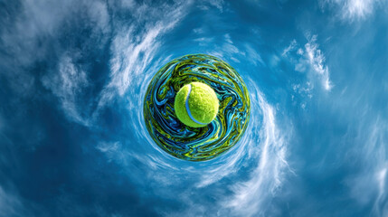 Vibrant green tennis ball surrounded by swirling blue and green patterns, creating a dynamic visual effect against a bright sky, representing energy and motion in sports