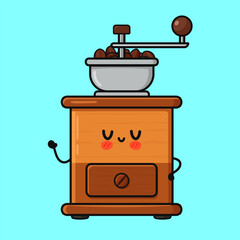 Kawaii coffee grinder mascot character brewing fresh beans