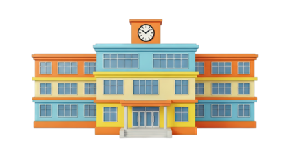 Colorful cartoon school building with clock tower