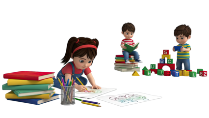 Children learning and playing with books, drawings, and alphabet blocks
