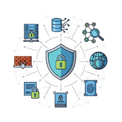 Flat lay illustration of a central shield with a padlock surrounded by various digital security icons and symbols on a white background with a calming blue and green color palette.