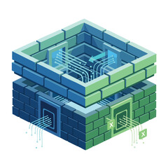 Isometric illustration of a blue and green brick structure with circuit board details and wires on a white background.