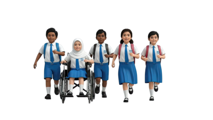Diverse students in school uniforms, including one in a wheelchair, running together