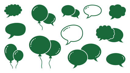 Diverse collection of green speech bubbles, thought balloons, and chat balloons set on an isolated white background.