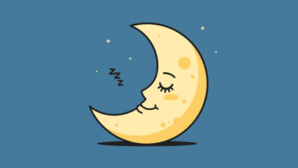 Cute sleeping crescent moon with a happy facial expression, peaceful night sky background.