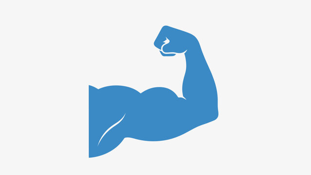 Flexed arm muscle silhouette in blue, representing strength, power, and fitness on an isolated white background.