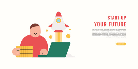 Flat modern illustration of a man working on laptop with rocket launch and coins, representing startup business, investment, innovation, growth, and future success concept.