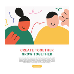 Flat modern illustration of two people collaborating and sharing ideas with hand gestures and abstract shapes, representing teamwork, collaboration, partnership, and business growth concept.