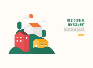 Flat vector illustration of colorful residential buildings for real estate investment landing page featuring a modern cityscape and urban houses.