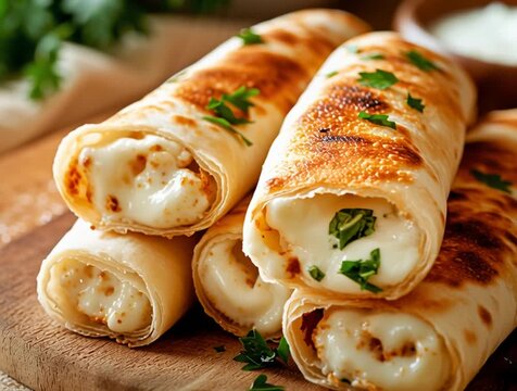 Delicious taquitos with melted cheese and herbs laying on wooden board