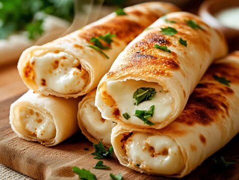 Delicious taquitos with melted cheese and herbs laying on wooden board