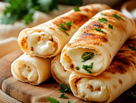 Delicious taquitos with melted cheese and herbs laying on wooden board