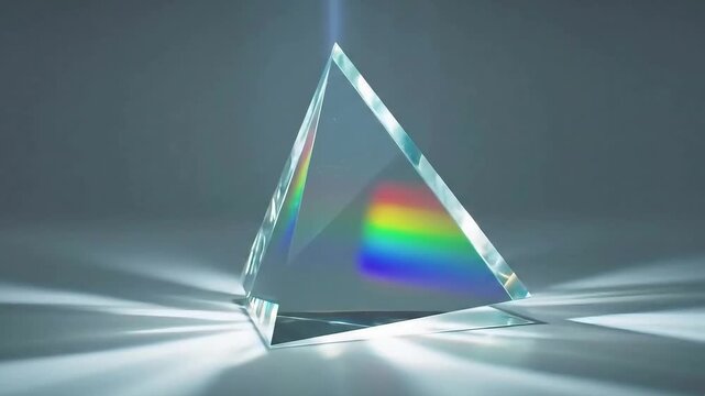 Cinematic Close Up of Glass Pyramid Prism Refracting Light into Beautiful Rainbow Spectrum on White Surface